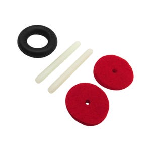 May include: A set of five craft supplies for making a toy. The set includes two red felt circles, two white plastic rods, and a black rubber ring.