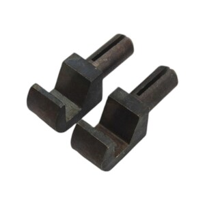 May include: Two black metal hooks with a curved shape and a straight metal pin on the top. The hooks are designed for hanging items.