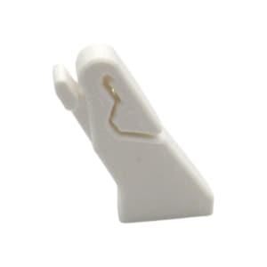 May include: White plastic clip with a hook design. The clip is angled and has a sharp point at the bottom.