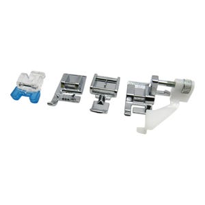 May include: A set of five silver sewing machine feet, including a zipper foot, a blind stitch foot, a straight stitch foot, a buttonhole foot, and a clear foot.