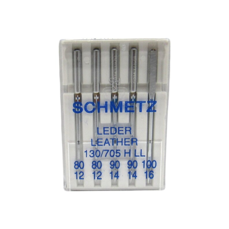 May include: A pack of five silver sewing needles for leather, labeled "SCHMETZ LEDER LEATHER 130/705 H LL 80 80 90 90 100 12 12 14 14 16".