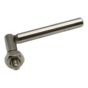 May include: A silver-colored metal component with a threaded end, a hexagonal nut, and a cylindrical rod extending at a right angle. The object appears to be a mechanical part or fastener.