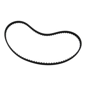 May include: Black rubber belt with a ribbed texture. The belt is shaped like a figure of eight.