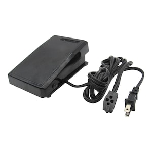 May include: Black foot pedal with a black cord and a three-prong plug. The foot pedal has a black plastic case and a black rubber foot pad.