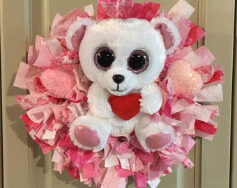 Small Valentine's Day Rag Wreath with White Bear Holding Red Heart (#W039)