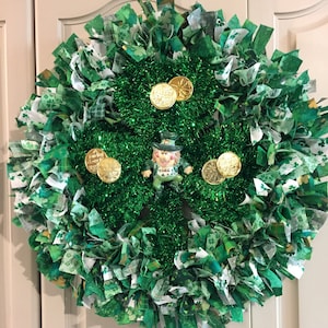 Large St Patrick&#39;s Rag Wreath with Shiny Shamrock, Gold Coins and Leprechaun (#W087)