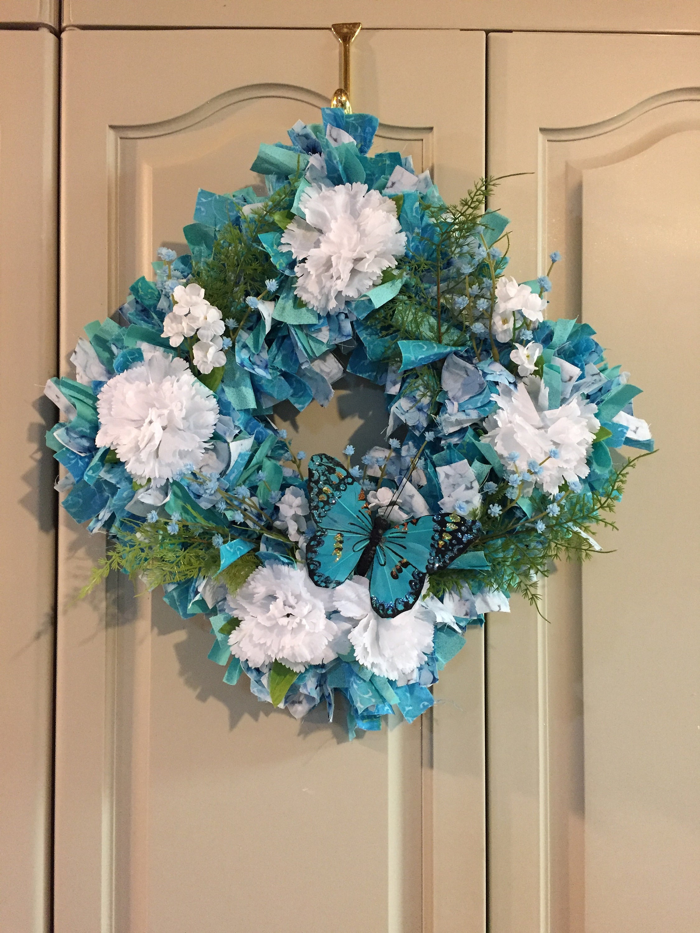 Summer Rag Wreath Patterns Summer Rag Wreath With White Carnations and Blue Butterfly (#W099) - Etsy
