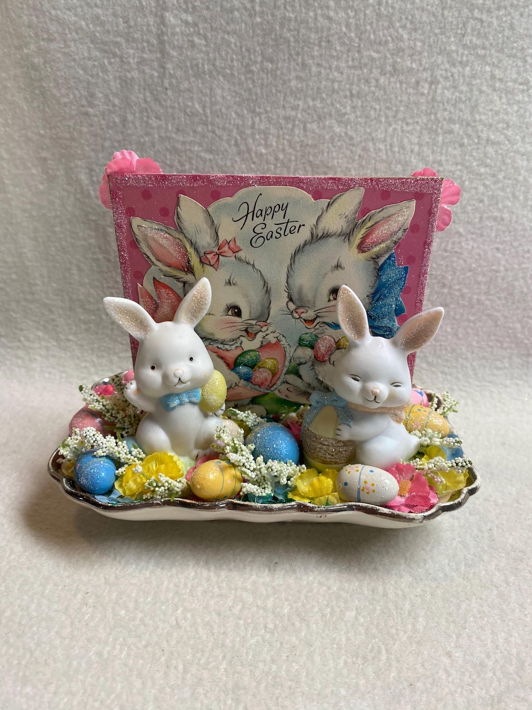 Retro Easter Spring Vintage Easter/spring Assemblage - Bunnies With Eggs - 'happy Easter ...