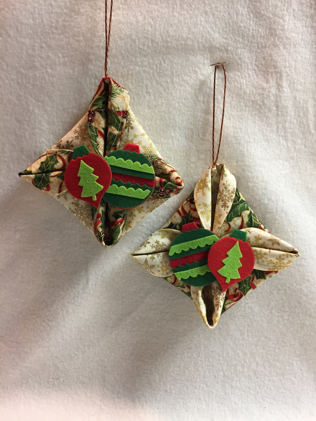 Folded Fabric Tree Ornaments Set of 2 Felt Ornaments Etsy