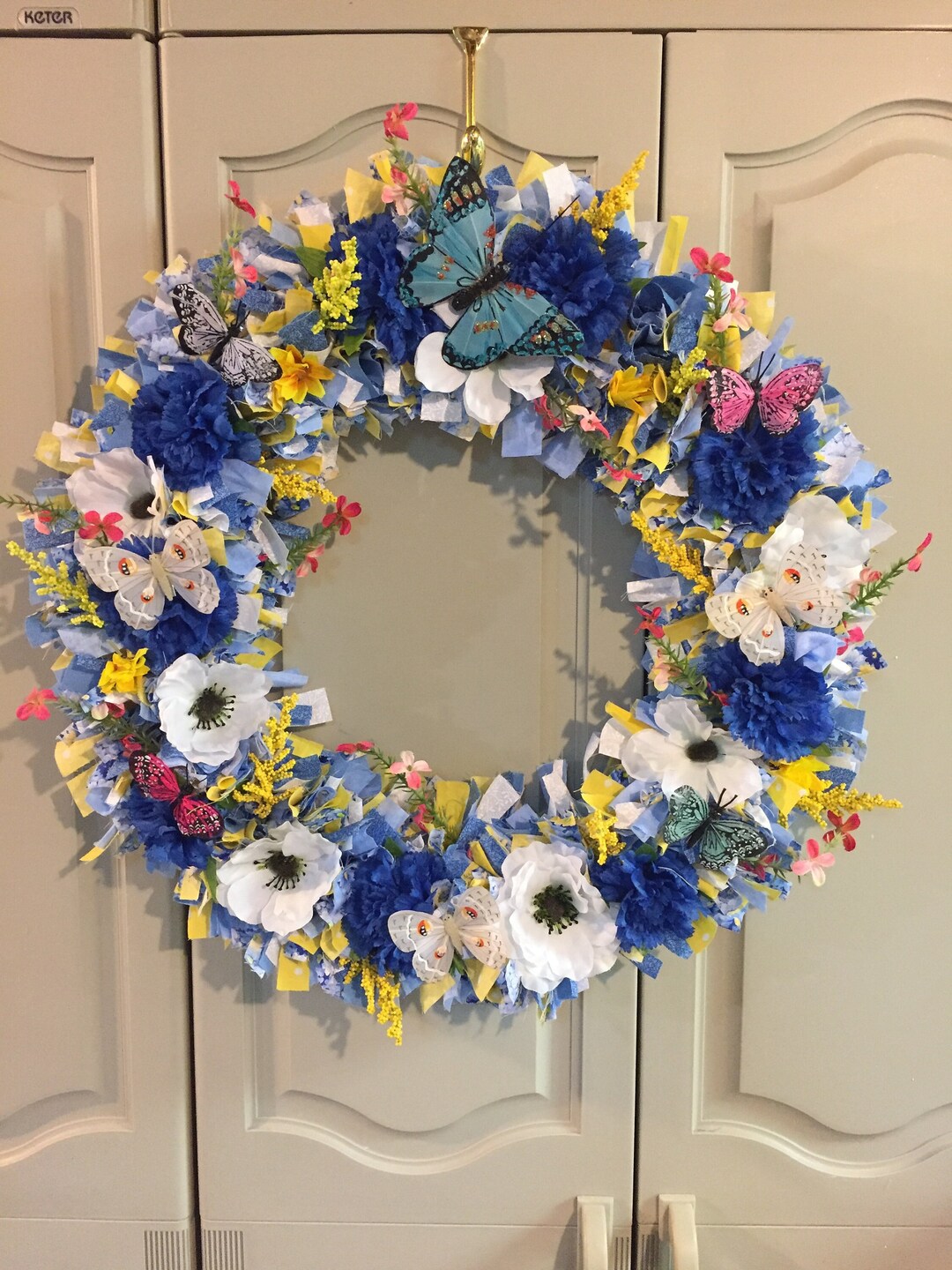Summer Rag Wreath Patterns Large Summer Rag Wreath With Blue Carnations, White Poppies and ...