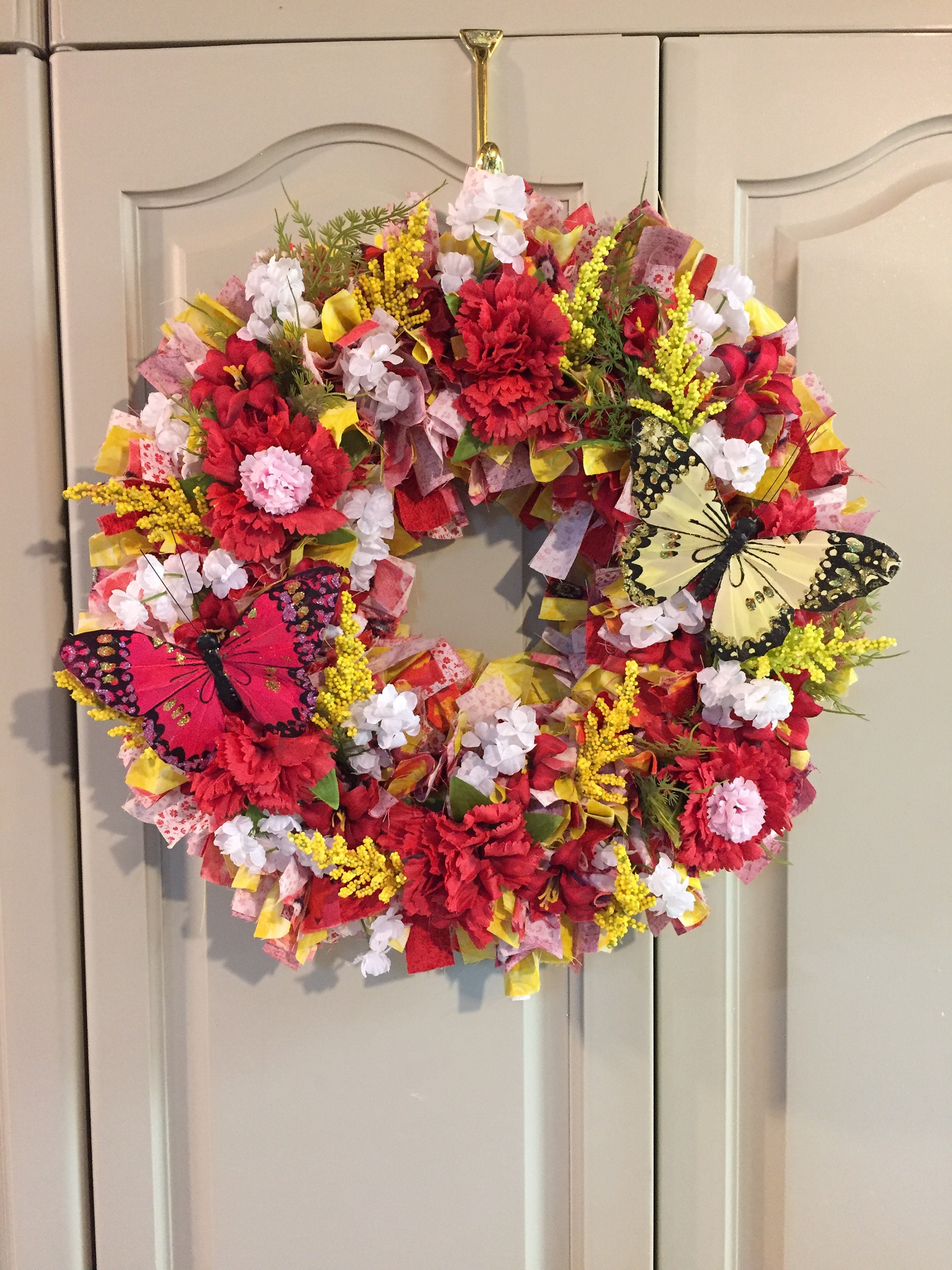 Summer Rag Wreath Patterns Summer Rag Wreath With Red Carnations and Butterflies (#W100) - Etsy