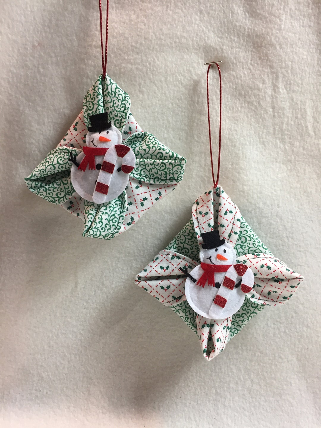 Folded Fabric Tree Ornaments Set of 2 Snowman O038.002 Etsy