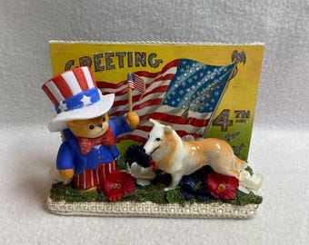Vintage Americana Assemblage - Bear with Dog - 'Greeting 4th of July' (#KVA049)