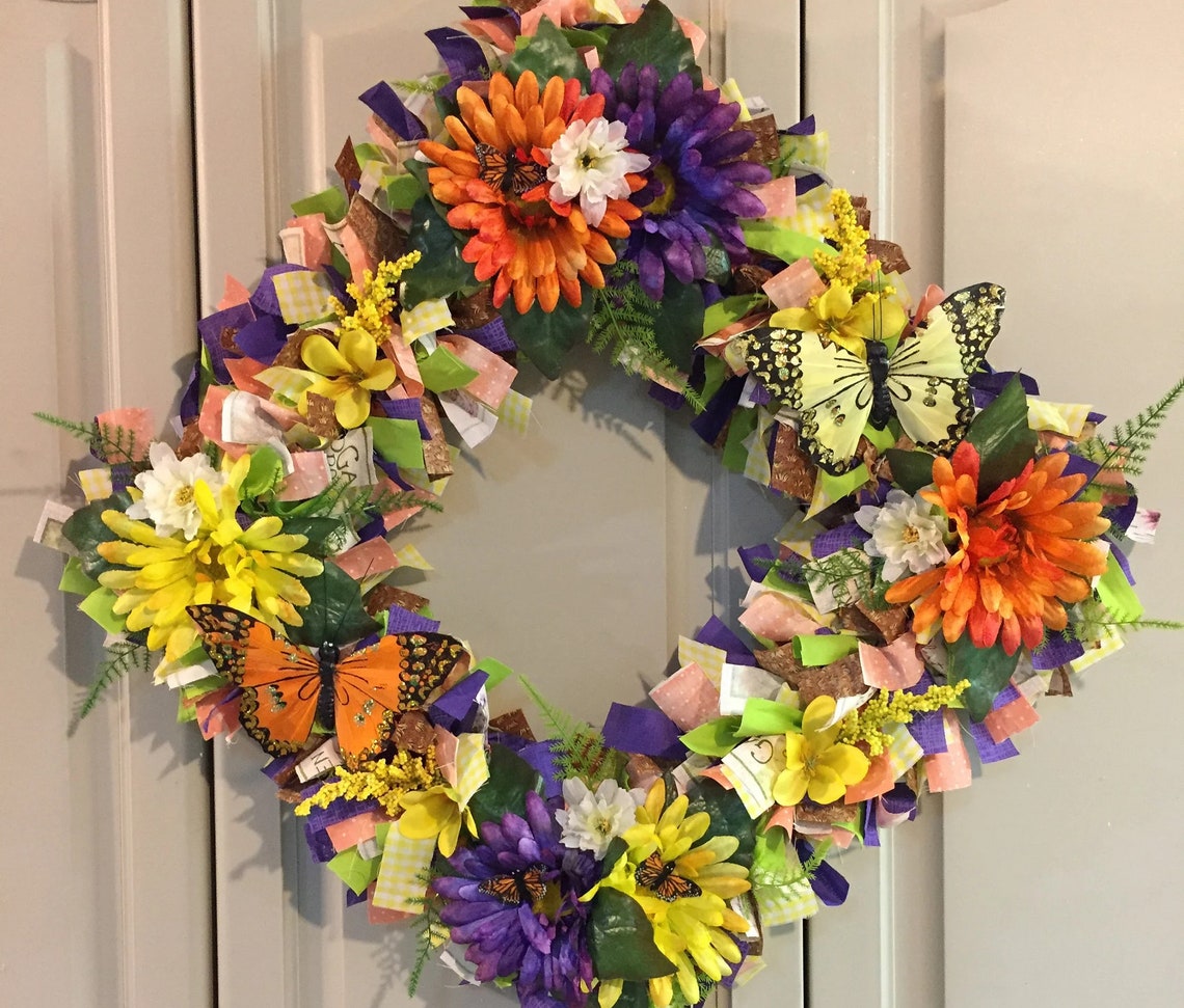 Summer Rag Wreath Patterns Large Summer Rag Wreath With Orange, Yellow and Purple Floral and ...
