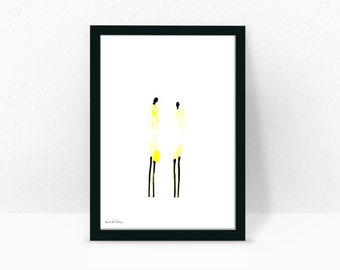 May include: A black framed print of a minimalist watercolor painting of two figures in yellow and black. The figures are standing facing each other.