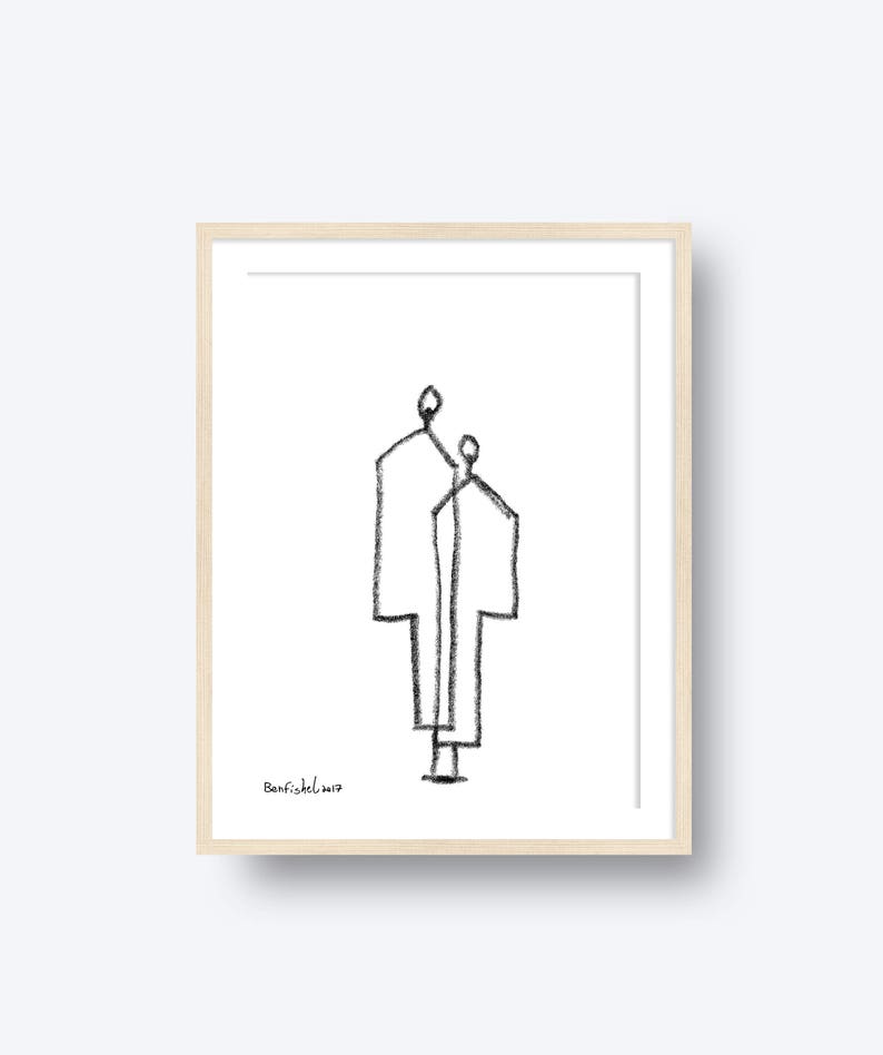 May include: A black and white line drawing of two figures standing side by side. The drawing is framed in a light wood frame. The artist's signature, "Banfischel 2019", is in the bottom left corner.