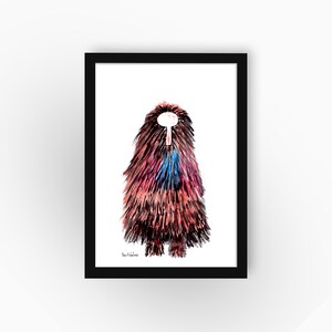 Framed art Print, African character in a tribal mask and a ceremonial wear, Brown Orange Pink and blue, modern Wall Art Decor, Original Gift