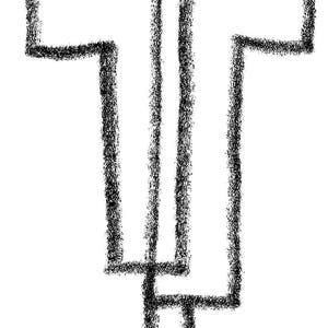 May include: A black and white illustration of a cross with a double line down the centre.
