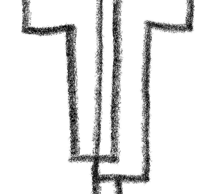 May include: A black and white illustration of a cross with a double line down the centre.