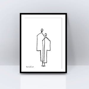 May include: A black and white line drawing of two figures standing side by side. The figures are simple and abstract, with the taller figure's arm around the shorter figure's shoulder. The drawing is signed "Banfisichel 2019" in the bottom left corner.