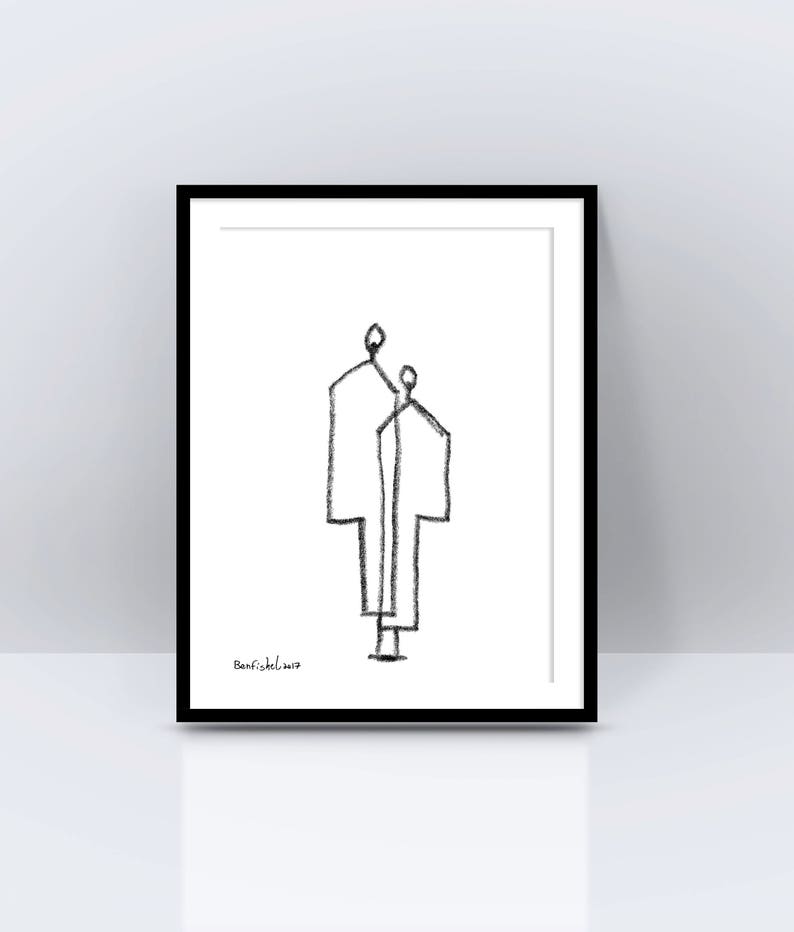 May include: A black and white line drawing of two figures standing side by side. The figures are simple and abstract, with the taller figure's arm around the shorter figure's shoulder. The drawing is signed "Banfisichel 2019" in the bottom left corner.
