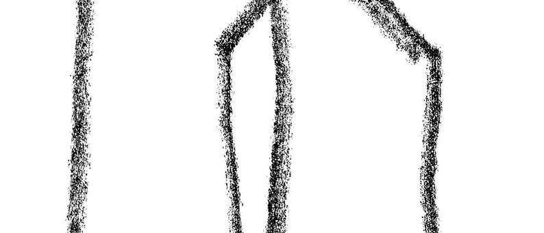 May include: A black and white line drawing of a house with a simple design. The house has a pointed roof and a single door.