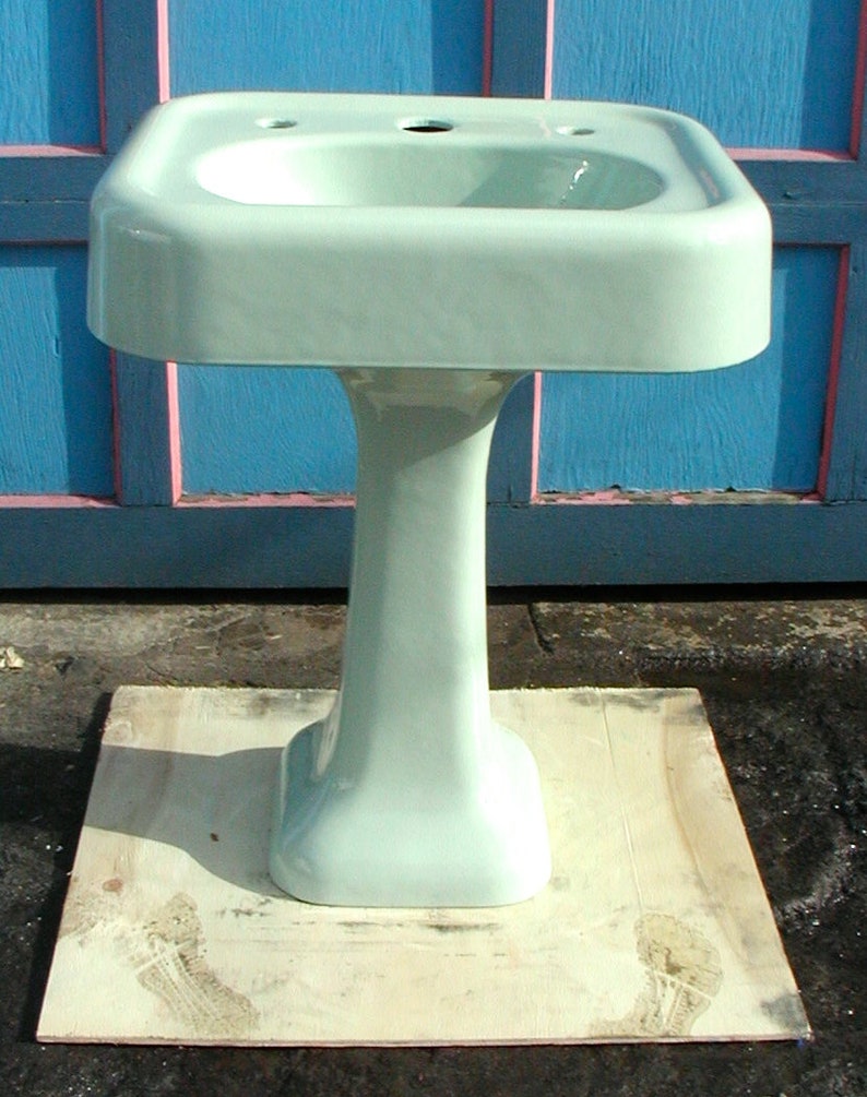 Sea Foam Green Cast Iron Bathroom Pedestal Sink Mint Green Professionally Refinished Like New Vintage Original
