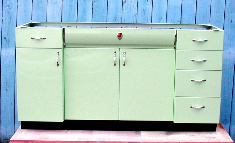 1954 Youngstown Kitchen Sink Cabinet Diana Style Professionally Restored In Mint Green With Emblems Chrome Trim And Porcelain Handles