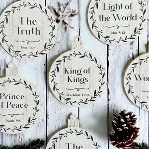 Names of Jesus Christmas Ornaments (Set of 7) Wood Christ Name Ornaments, Scripture Ornaments, Advent Set