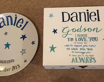 Christening Gift - Wedding Gift - Hand painted Memory Box and Plate set