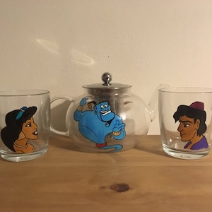 Aladdin Tea Set-Glass Genie Teapot with Jasmine & Aladdin Glass Mugs.Disney-Valentine Gift