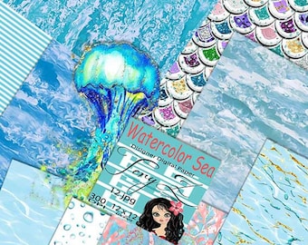 Aquarell Meer Digitales Papier, Meereswellen Digitales Papier Nautischer Strand Ozean Wasserwellen Digitaler Hintergrund Sommer Aquamarin Blau Muster