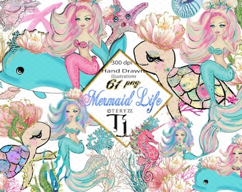 Mermaid Clipart, Underwater Clip Art, Cute Mermaids, Rainbow Ocean Creatures Fish Baby Dolphin seashell Sea Life Sea Turtle Seahorse animal