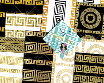 Gold Greek Key Digital Paper, Greek Key Patterns, scrapbooking Greek art, Luxury Gold Foil Glitter, Gold black White and gold pattern