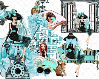 Audrey Hepburn Estilos Retro Quédate en casa Clipart Desayuno en Tiffany's Girl Boss amantes de los libros Cat Fashion Blue Mask Acuarela Peonías