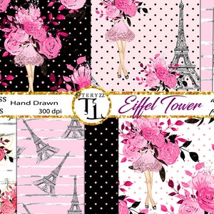 Paris Digital Paper, Eiffel tower flowers Seamless Patterns, Paris flowers Cute Pink Black paper, Paris background scrapbook planner