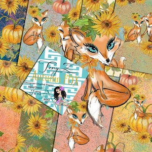 Sunflowers Fall digital Paper Fox Forest Animals Autumn Paper pack Pumpkin, Hand Drawn woodland animals Seamless paterns