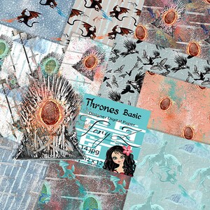 Könnte beinhalten: Eine Collage von Designer-Digitalpapieren mit verschiedenen Mustern. Die Designs umfassen Drachen, Krähen und einen Thron. Eine Karte mit dem Text "Thrones Basic" und "Fery Z" ist sichtbar, zusammen mit einem Cartoon-Mädchen mit einer Blume.