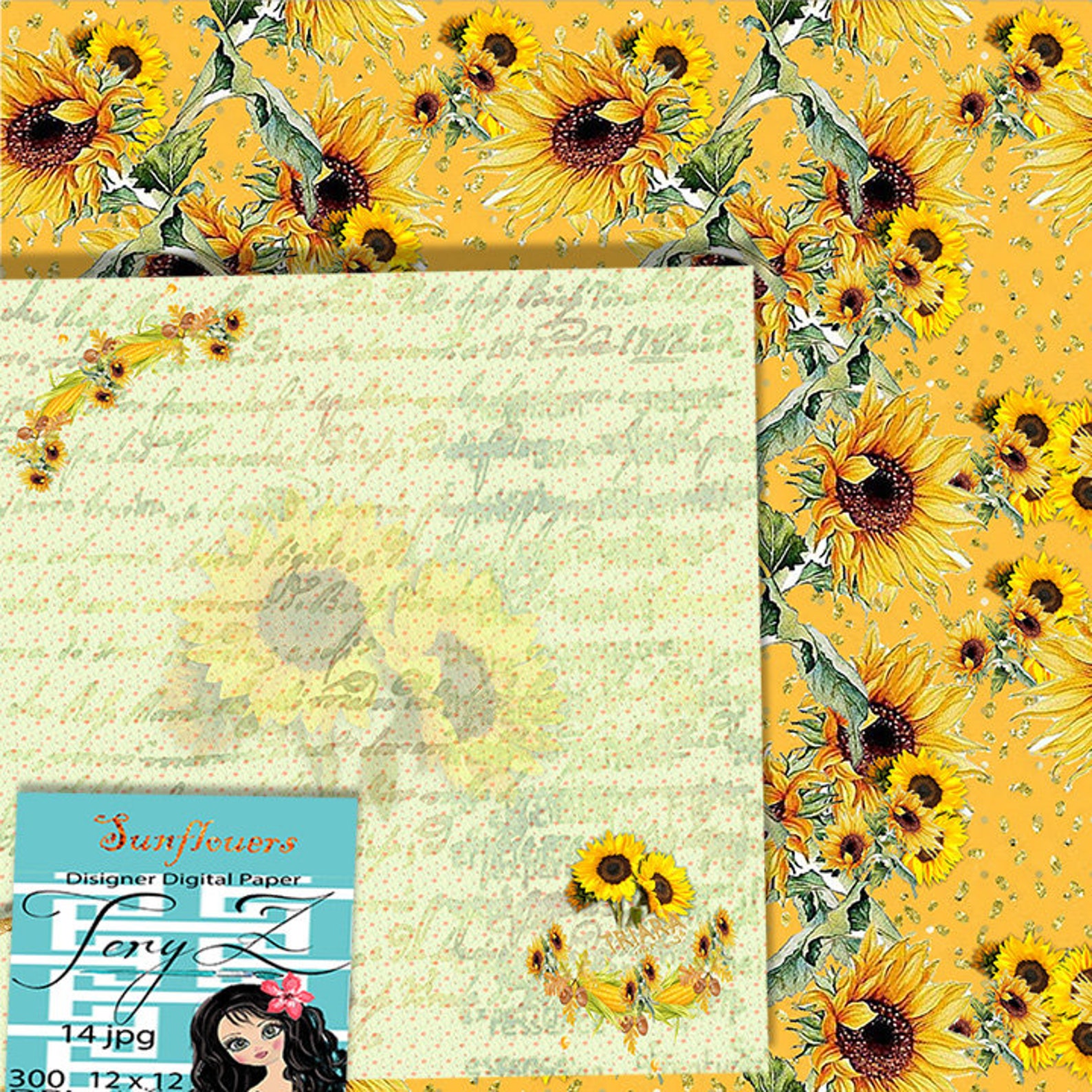 Sunflower Paper Pack Watercolor Sunflowers Digital Autumn Paper Pack ...