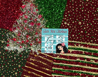 Christmas glitter digital paper, Red Green Gold Glitter Texture, Planner Stickers  Digital Pattern, Background, Glitter digital paper