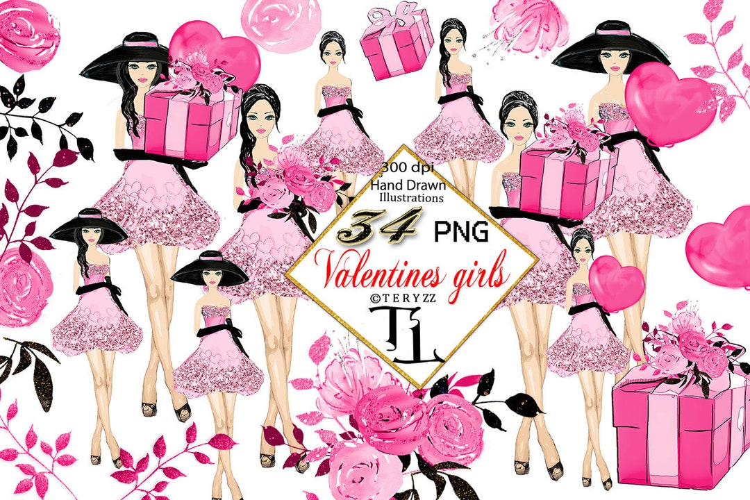 Valentine Girl Clipart, Watercolour Valentine Clipart, Pink Spring