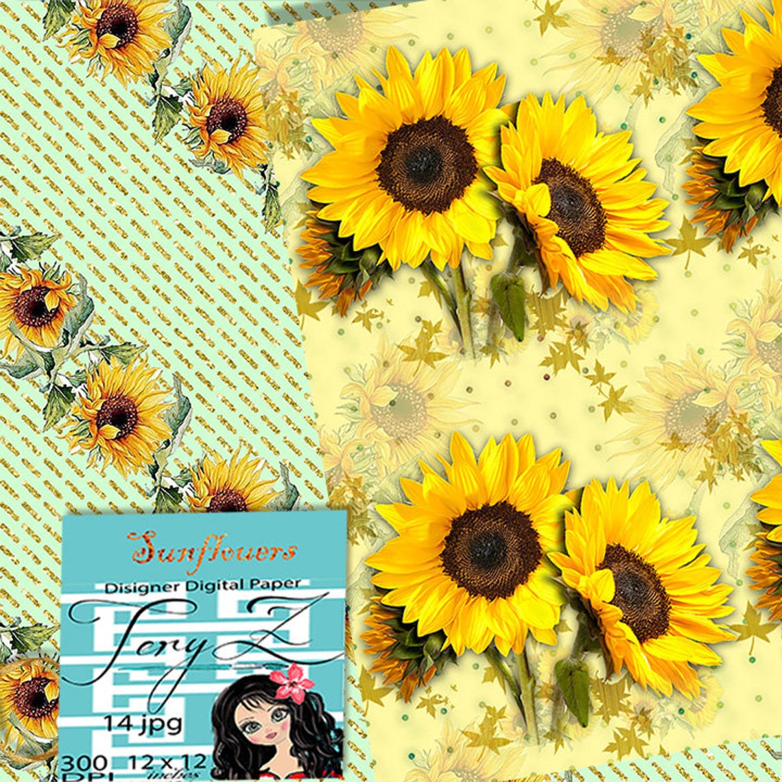 Sunflower Paper Pack Watercolor Sunflowers Digital Autumn Paper Pack ...