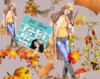 May include: Digital illustration featuring a woman in autumn attire, holding an umbrella. The image includes pumpkins, fall leaves, and the text "Fall Dream Hand Drawn Clipart" on a teal background. The artwork has a watercolor style.