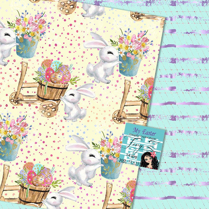 Easter Digital Paper, Spring Pastel Floral Paper, Watercolor Bunny ...