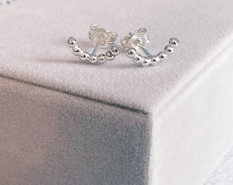 Sterling Silver Dot Stud Earrings: Beaded Curve Design