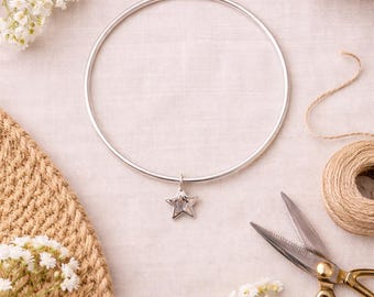 Hammered Star Charm Bangle: Sterling Silver Stacking Bracelet