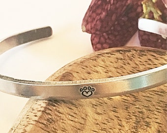 Hand Stamped Paw Heart Cuff: Pet Remembrance Jewelry