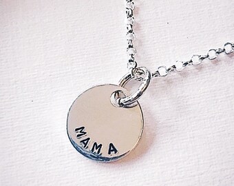 Dainty Mama Necklace: Hand Stamped Sterling Silver Disc, New Mom Gift