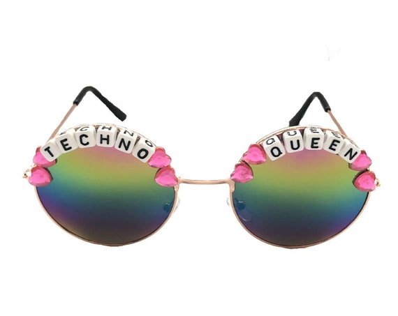 TECHNO <3 QUEEN Round Festival Sunglasses - Custom Designs Available