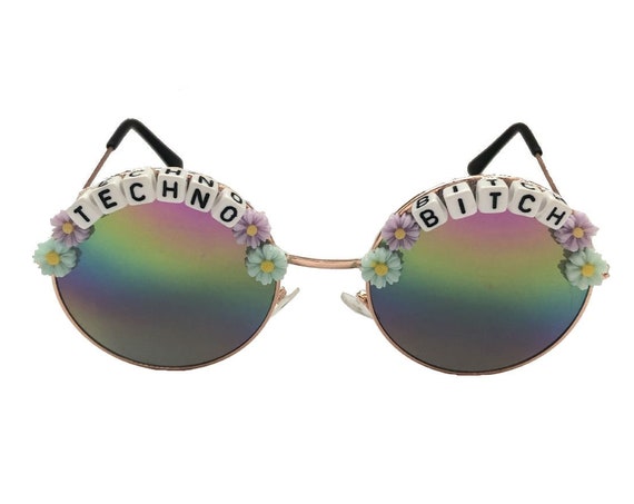 TECHNO <3 BITCH Round Rainbow Mirror Flower Festival Sunglasses - Custom Designs Available